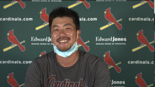 미국프로야구(MLB) 시범경기에 19일 만에 등판한 김광현(세인트루이스 카디널스)이 28일 마이애미 말린스와의 경기 후 현지 언론과 화상 인터뷰를 하고 있다.    [MLB 프레스박스 화상 인터뷰 캡처]